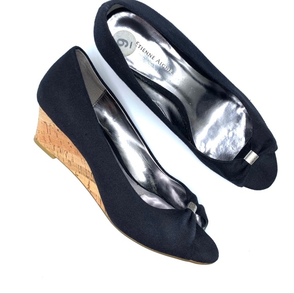 Etienne Aigner Shoes - Etienne Aigner Black Bow Cork Wedges Size 9